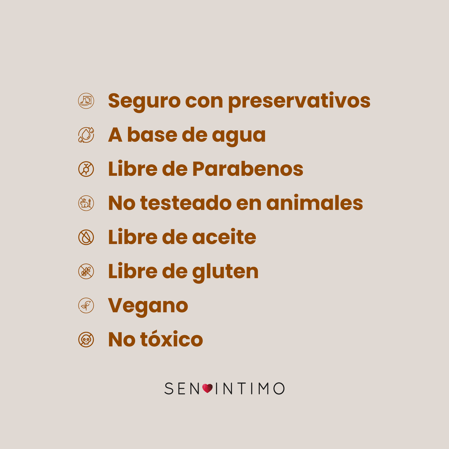 características (vegano, base agua, sin parabenos, no tóxico), fondo beige: lubricante íntimo vegano base agua sin parabenos libre aceite gluten no tóxico Sen Íntimo