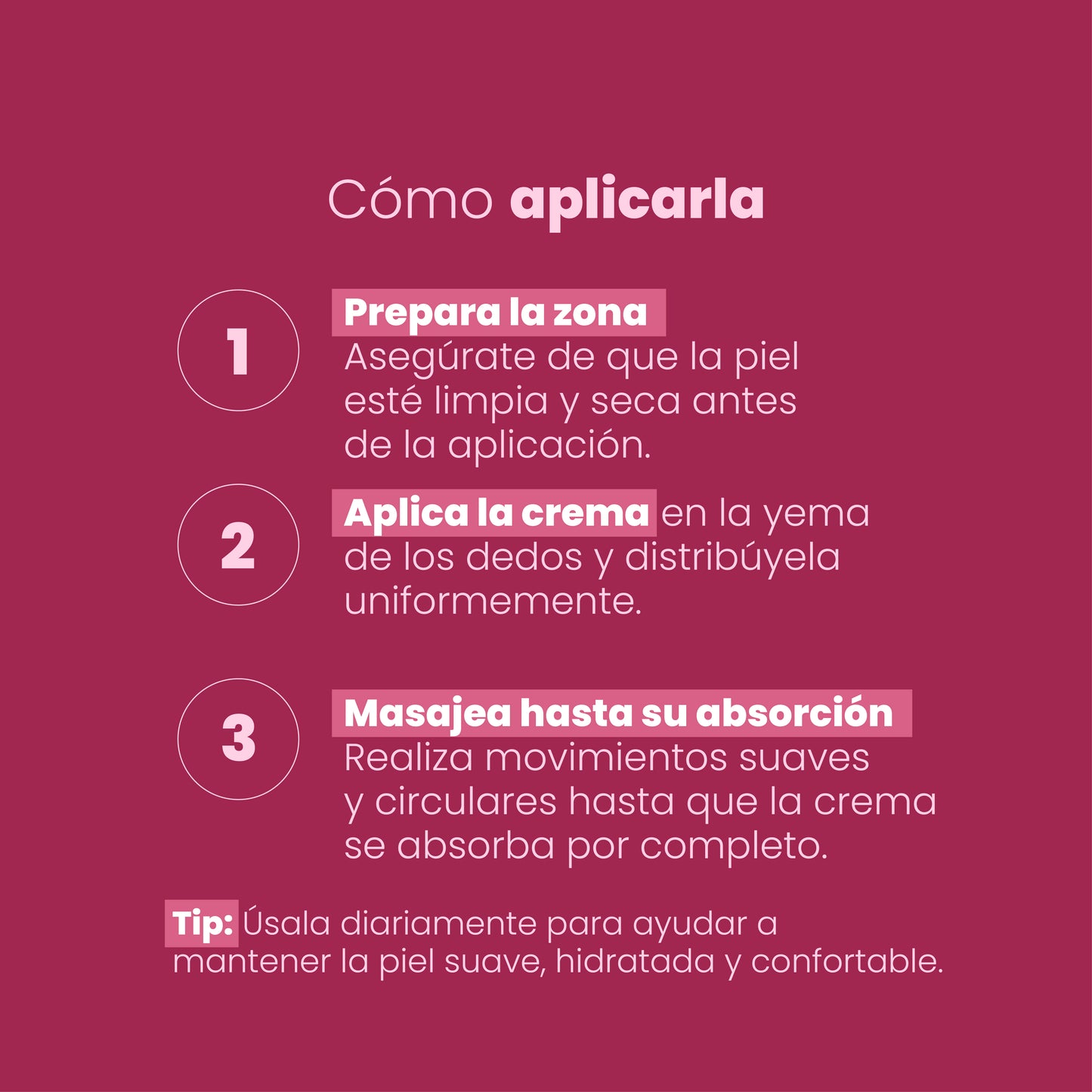 Modo de uso Crema Humectante Seduction Sen Íntimo: prepara la zona, aplica la crema y masajea hasta su absorción