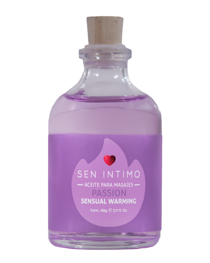 Aceite para masajes Sensual Warming Passion Sen Íntimo 60g - frasco vidrio tapa corcho fondo blanco