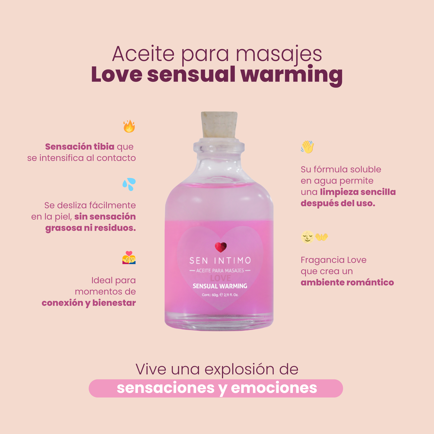 Aceite para masajes Sensual Warming Love Sen Íntimo - infografía beneficios sensación tibia fragancia naranja