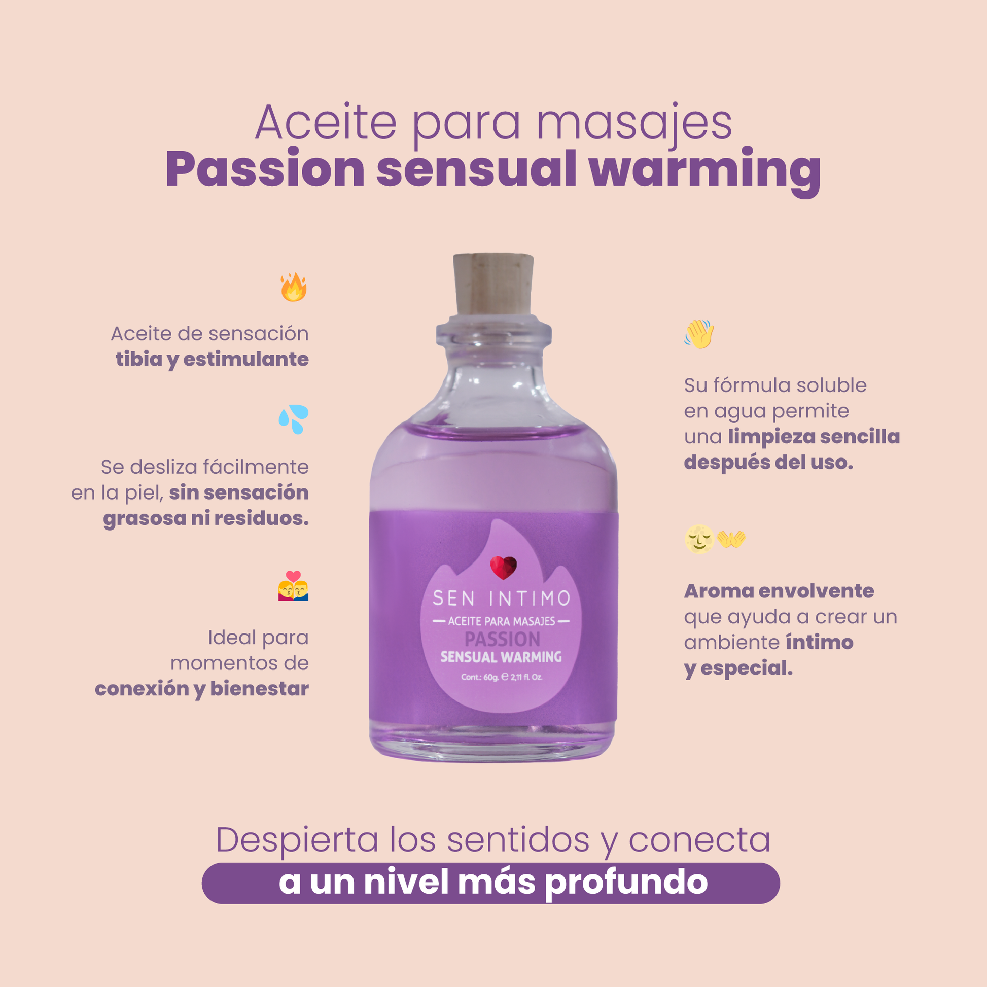 Aceite para masajes Sensual Warming Passion Sen Íntimo - infografía beneficios sensación tibia fragancia uva