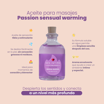 Aceite para masajes Sensual Warming Passion Sen Íntimo - infografía beneficios sensación tibia fragancia uva