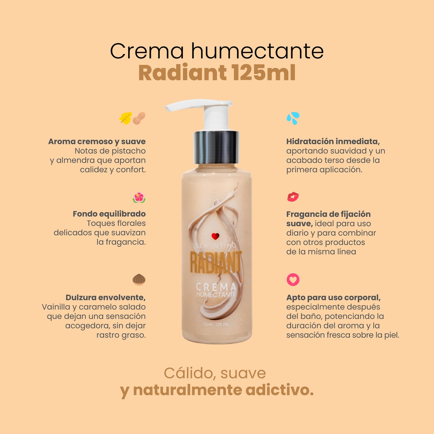 Infografía beneficios Crema Humectante Radiant Sen Íntimo: ideal para uso corporal, textura perfecta, hidratación al instante