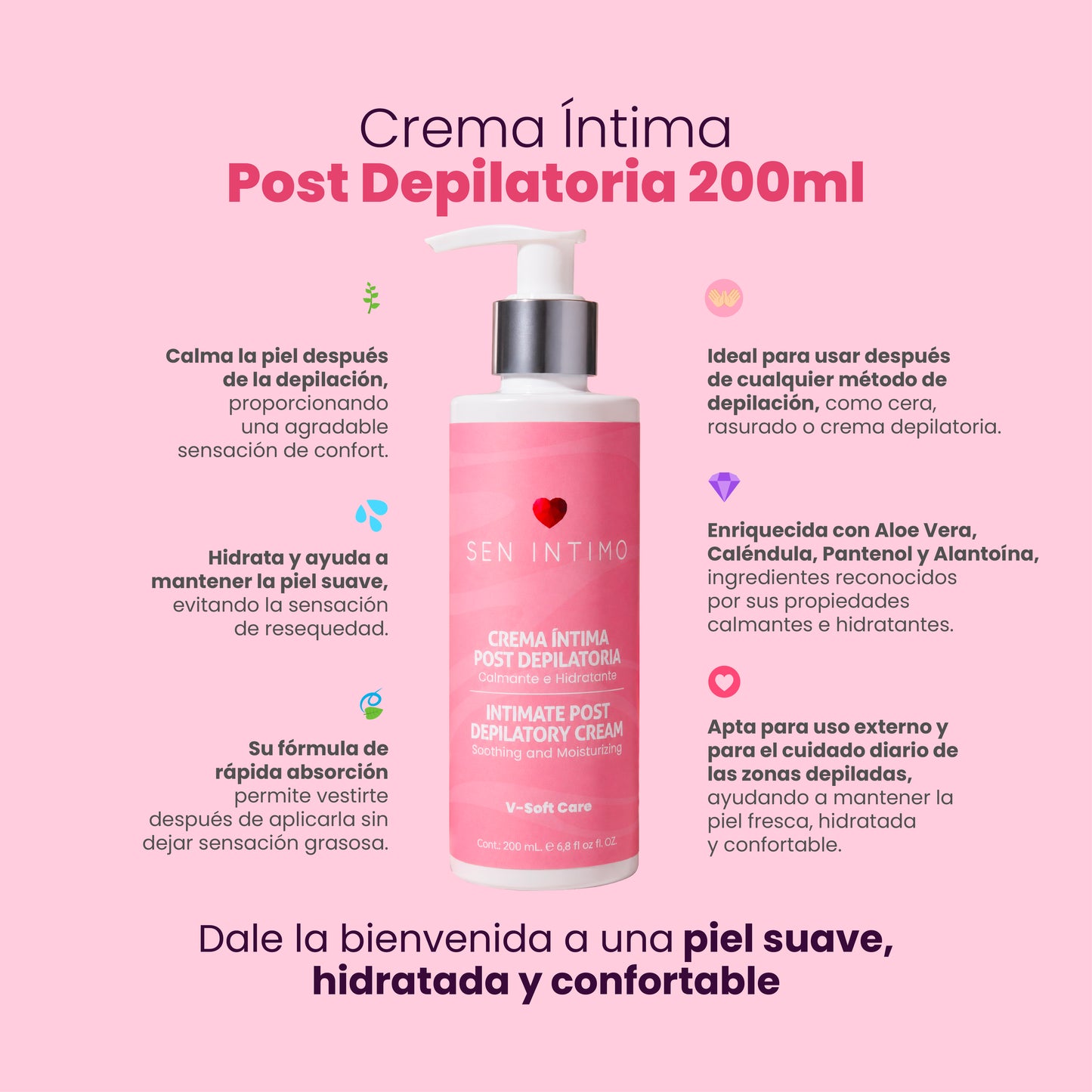 Beneficios crema íntima post depilatoria 200ml Aloe Vera Caléndula Pantenol Sen Íntimo