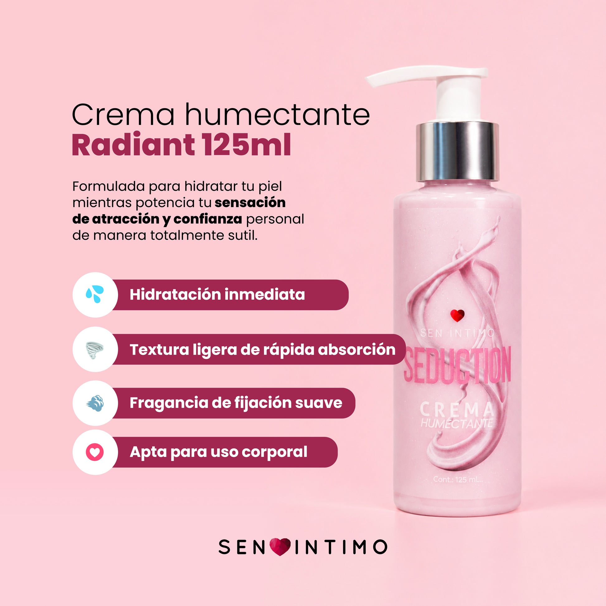 Infografía beneficios Crema Humectante Seduction 125ml Sen Íntimo: aroma dulce frutal a ciruela roja y fresia, fragancia ligera, hidratación inmediata, apta para todo el cuerpo