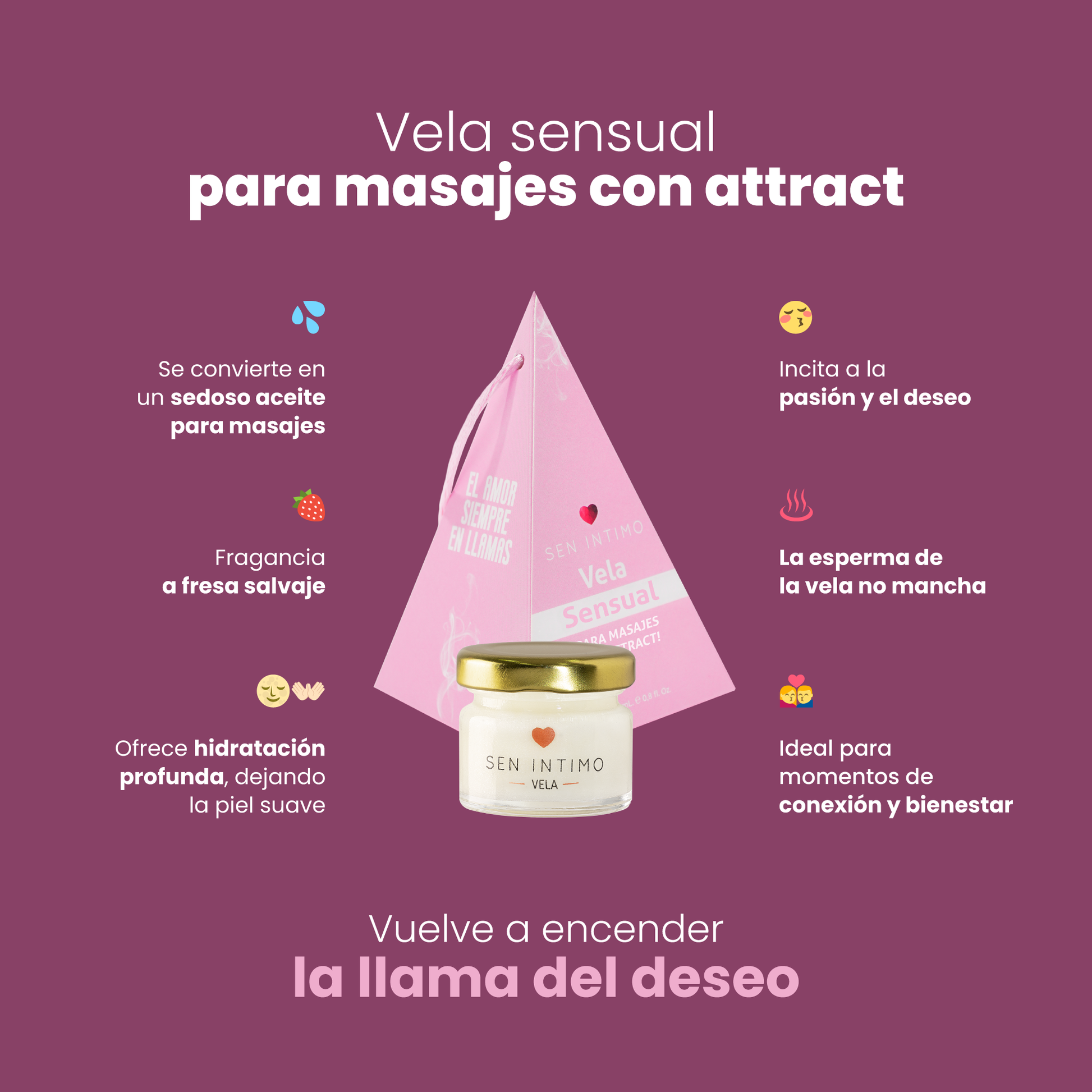 Vela Sensual para Masajes 25ml Sen Íntimo - infografía 6 beneficios aceite sedoso fresa salvaje hidratación no mancha
