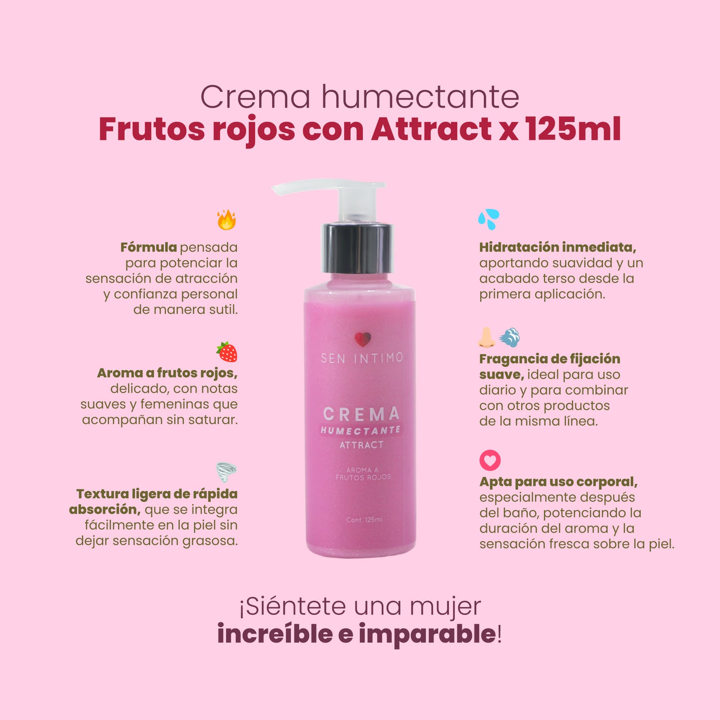 Infografía beneficios Crema Humectante Attract Sen Íntimo: fórmula Attract, aroma a frutos rojos, textura ligera de rápida absorción, hidratación inmediata, fragancia de fijación suave, apta para uso corporal
