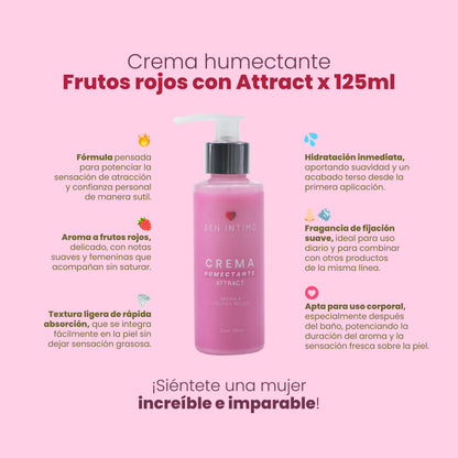 Infografía beneficios Crema Humectante Attract Sen Íntimo: fórmula Attract, aroma a frutos rojos, textura ligera de rápida absorción, hidratación inmediata, fragancia de fijación suave, apta para uso corporal
