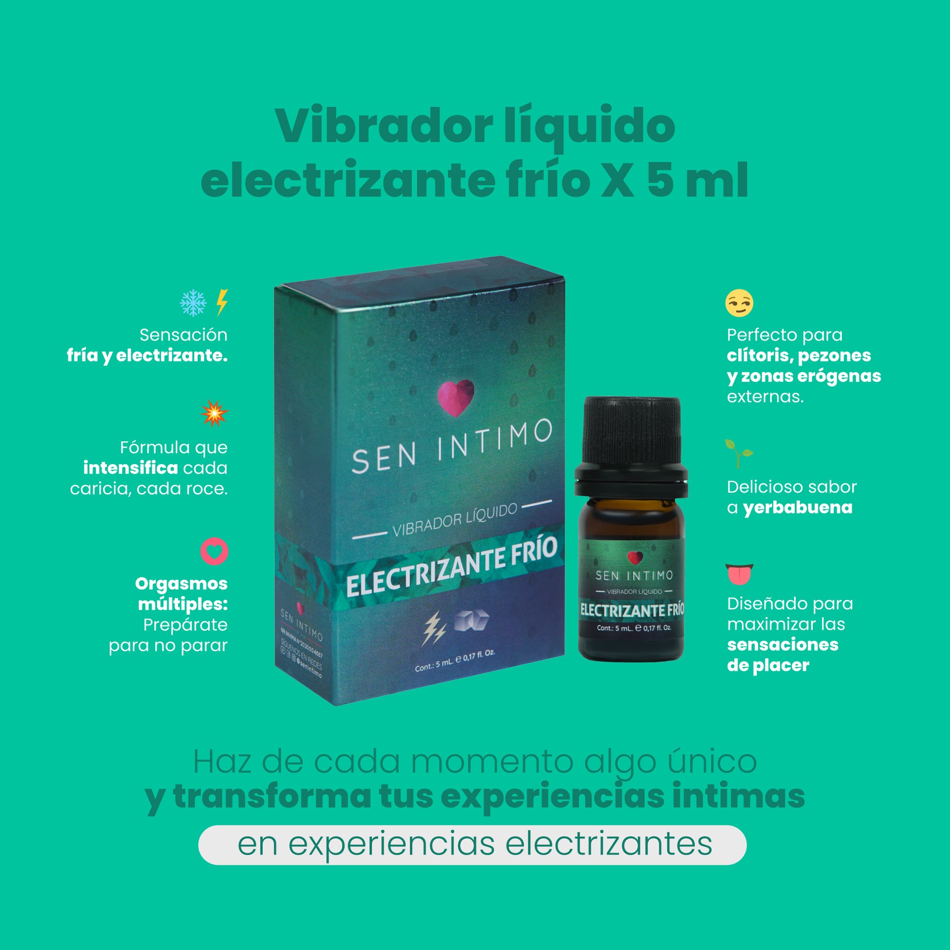 Vibrador Líquido Electrizante Frío Sen Íntimo - infografía 6 beneficios sensación fría electrizante yerbabuena orgasmos