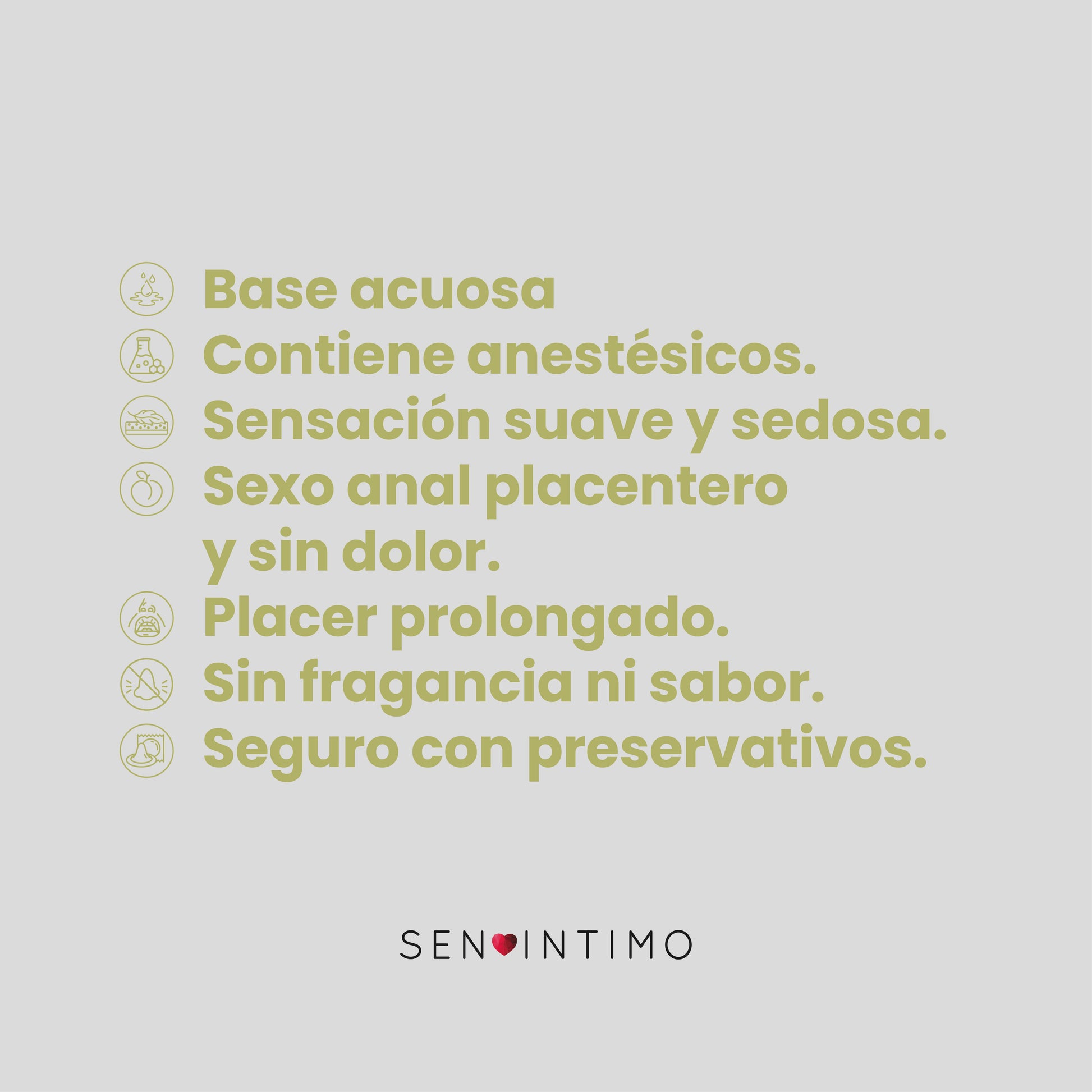 Características lubricante anal Sen Íntimo anestésico seguro con preservativos