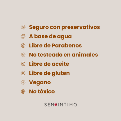 características (vegano, base agua, sin parabenos, no tóxico), fondo beige: lubricante íntimo vegano base agua sin parabenos libre aceite gluten no tóxico Sen Íntimo