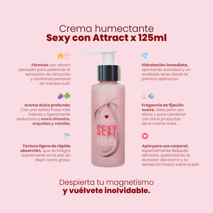 Infografía beneficios Crema Humectante Sexy con Attract: fórmula Attract, aroma mora silvestre orquídea vainilla, textura ligera – Sen Íntimo