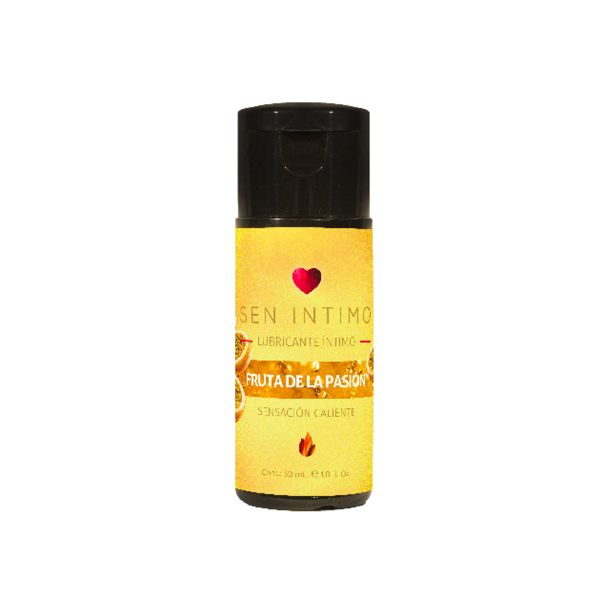 Frasco dispensador Lubricante Íntimo de maracuya Sen Íntimo 30ml, sensación caliente, tapa negra, etiqueta amarilla, fondo blanco

