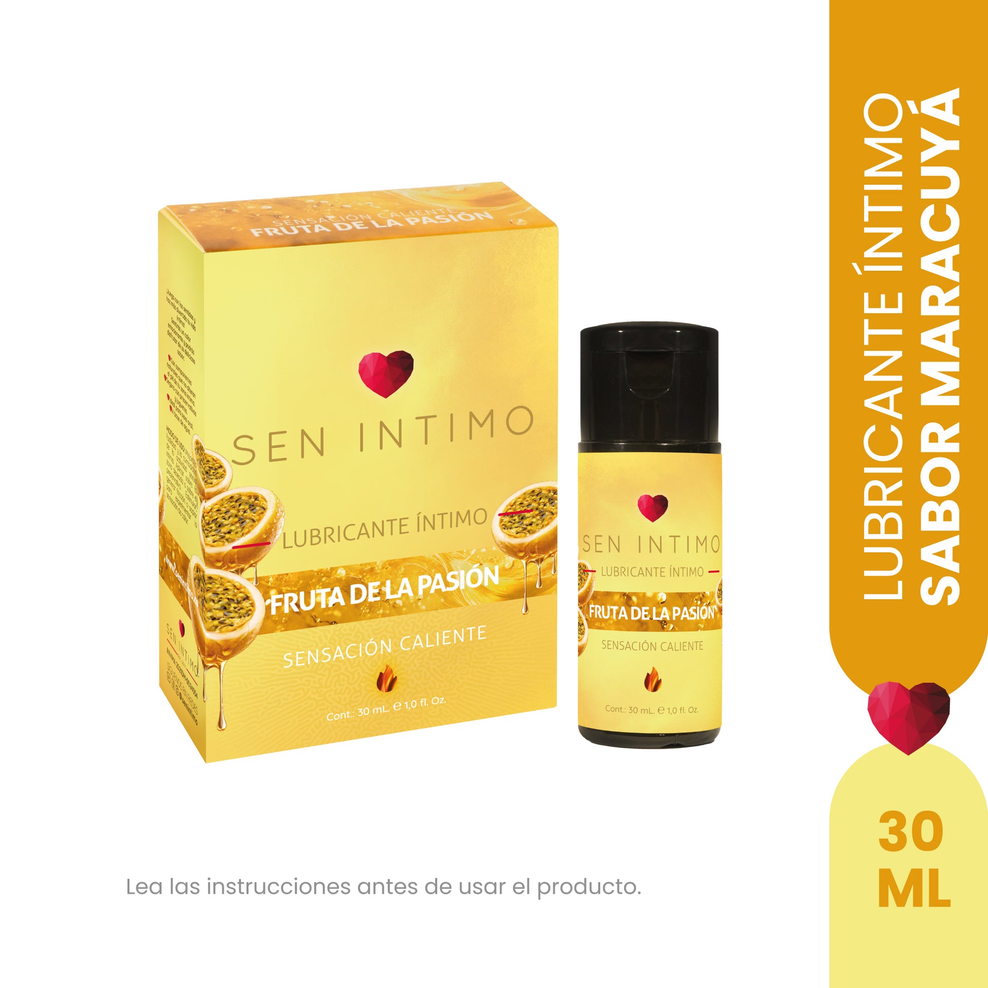 Caja y frasco Lubricante Íntimo Comestible de Maracuyá Sen Íntimo 30ml, sensación caliente, color amarillo dorado, fondo blanco


