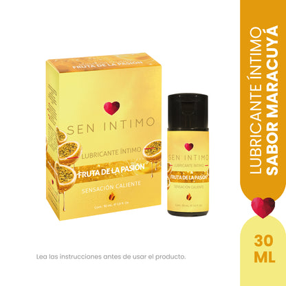 Caja y frasco Lubricante Íntimo Comestible de Maracuyá Sen Íntimo 30ml, sensación caliente, color amarillo dorado, fondo blanco

