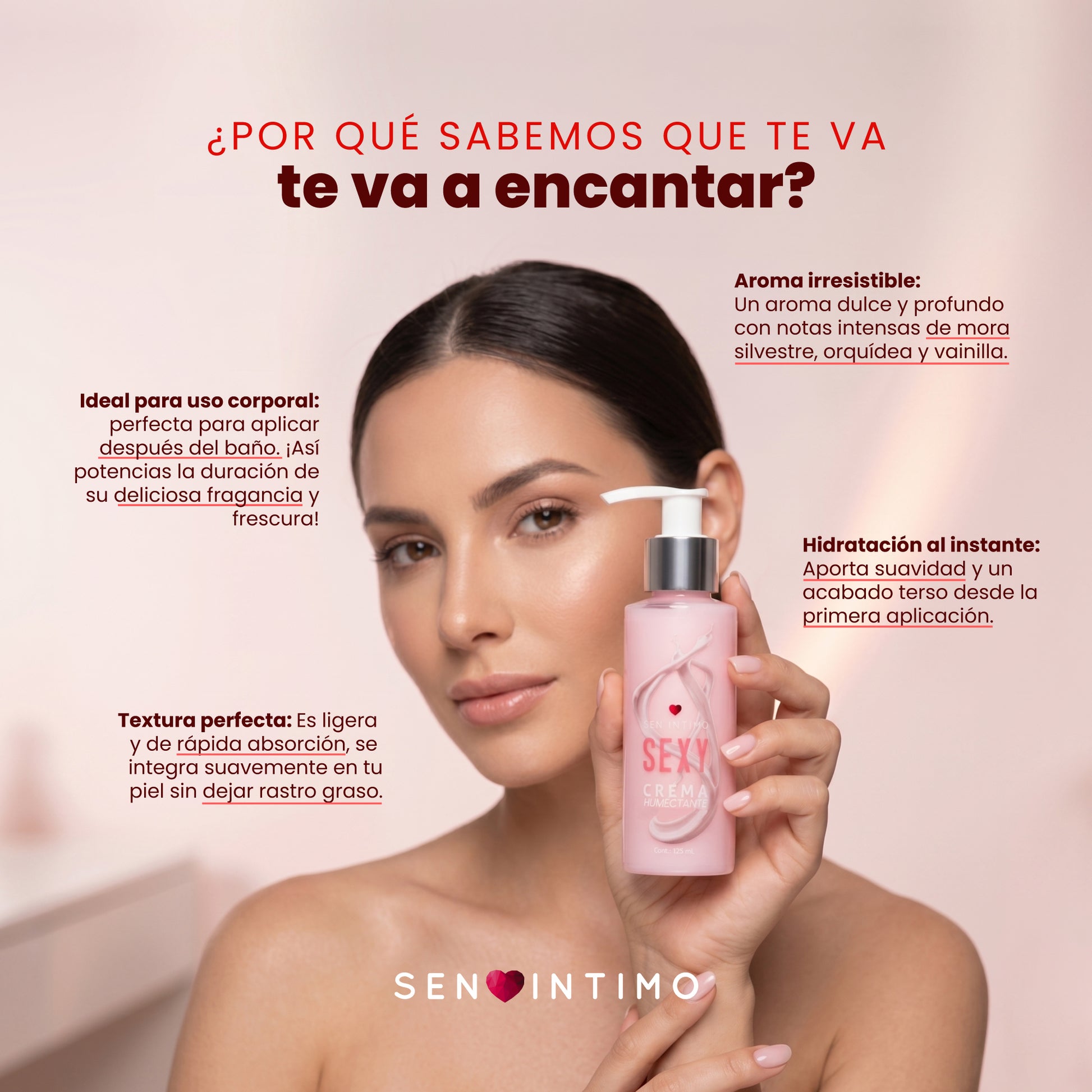 Modelo sosteniendo Crema Humectante Sexy con Attract 125ml Sen Íntimo – aroma irresistible a mora silvestre, orquídea y vainilla