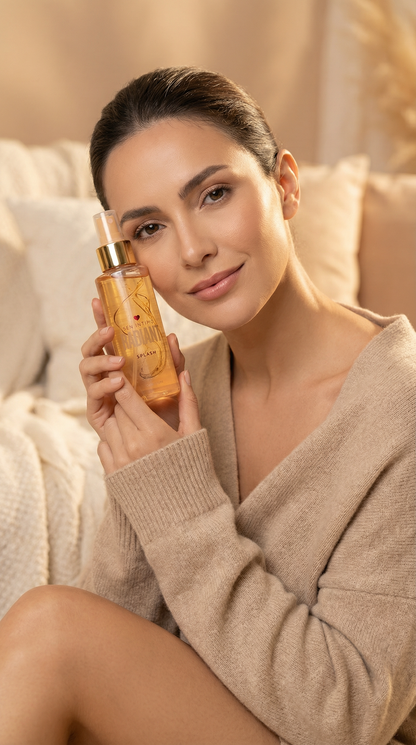 Splash Radiant Sen Íntimo - modelo sosteniendo frasco dorado foto publicitaria elegante ambiente acogedor
