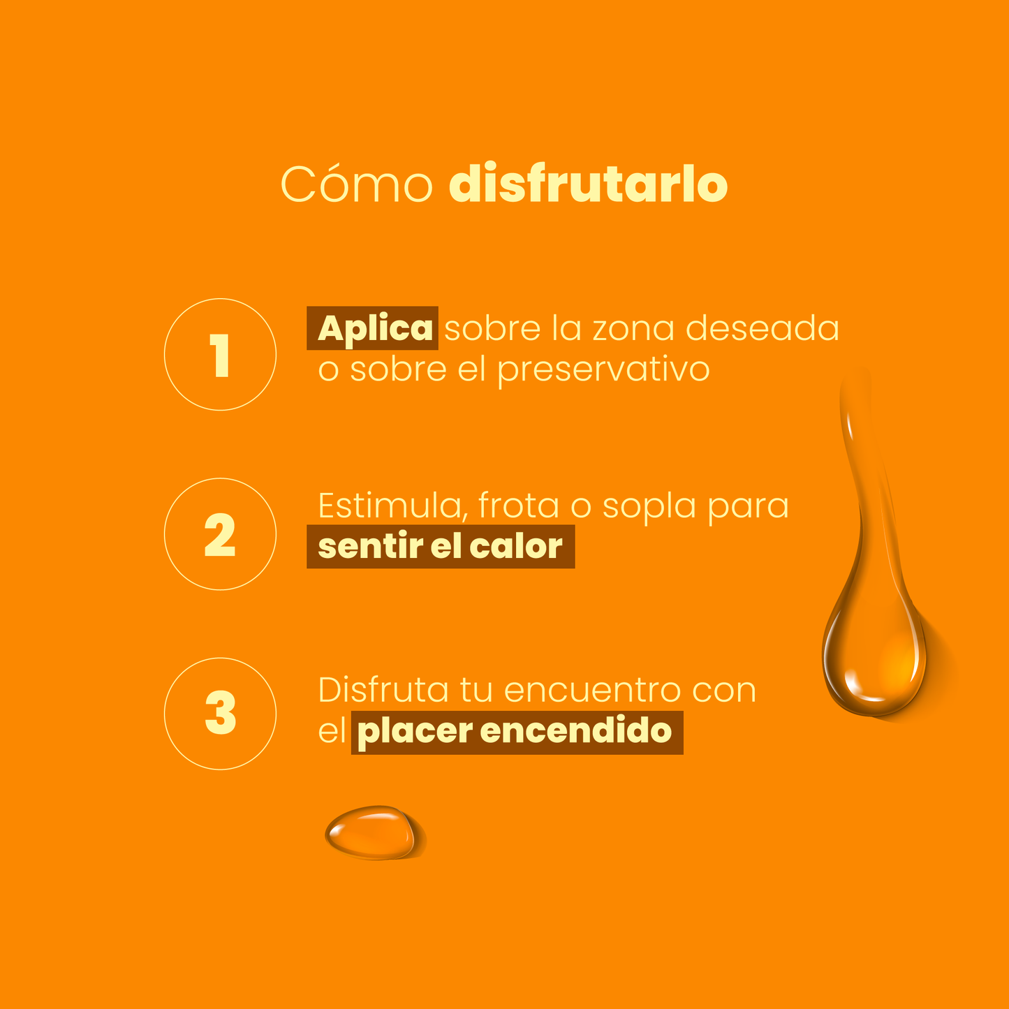 modo de uso 3 pasos, fondo naranja: cómo usar lubricante íntimo caliente maracuyá aplica estimula disfruta Sen Íntimo