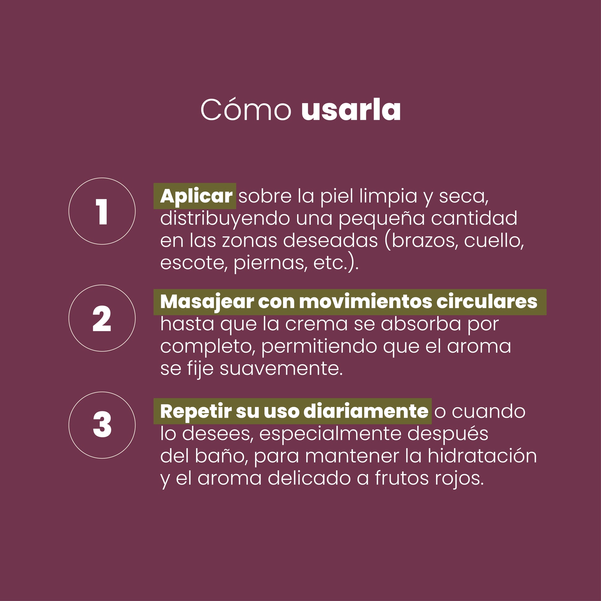 Modo de uso Crema Humectante Attract Sen Íntimo: aplicar sobre piel limpia, masajear con movimientos circulares y repetir diariamente para mantener hidratación y aroma a frutos rojos
