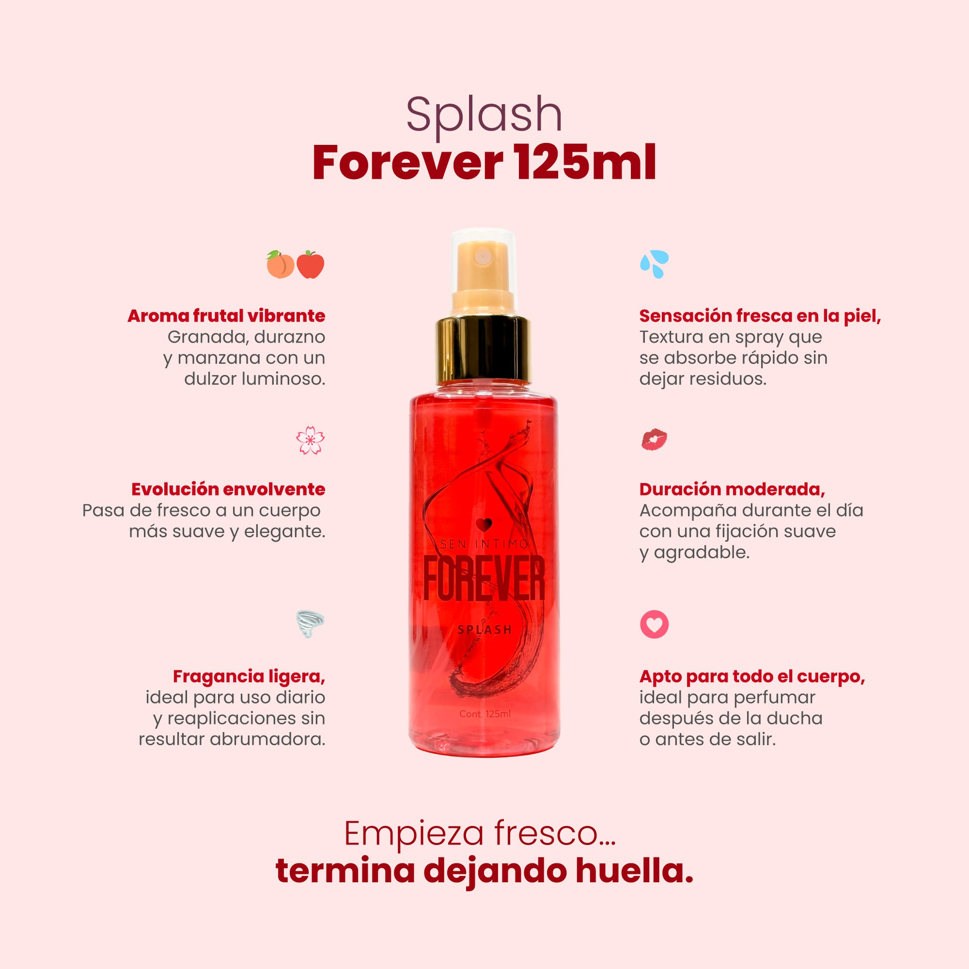Splash Forever 125ml Sen Íntimo - infografía beneficios aroma frutal granada durazno manzana