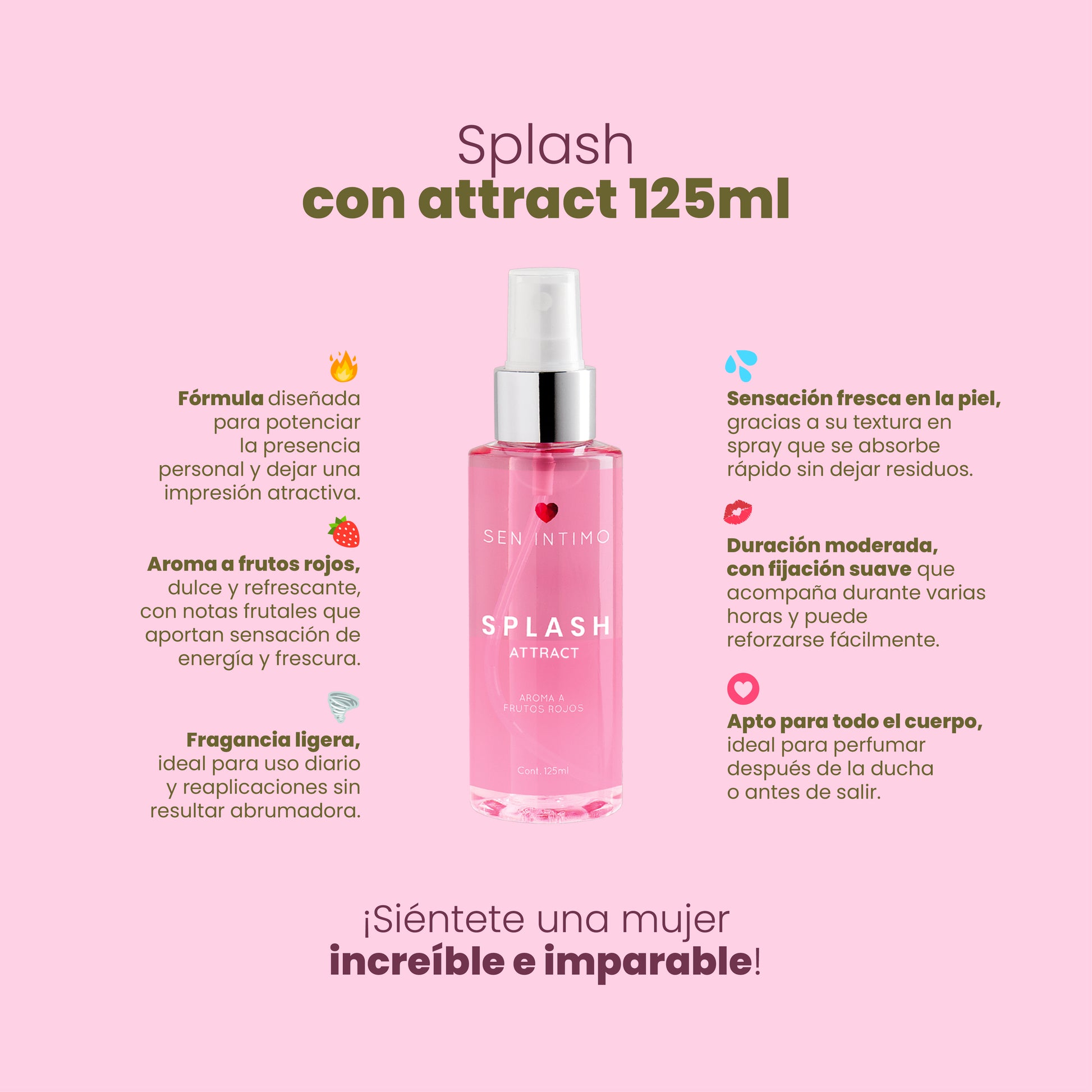 Splash Attract 125ml Sen Íntimo - infografía 6 beneficios aroma frutos rojos fragancia ligera apta todo el cuerpo