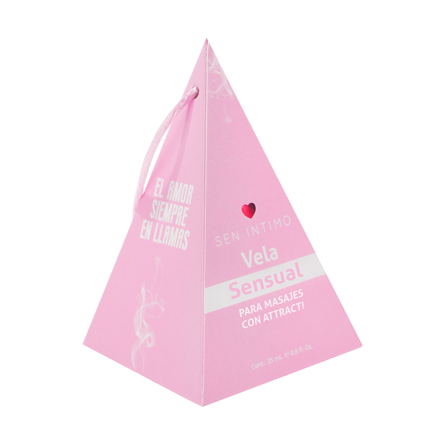 Vela Sensual para Masajes 25ml Sen Íntimo - caja pirámide rosa fondo blanco presentación frontal el amor siempre en llamas
