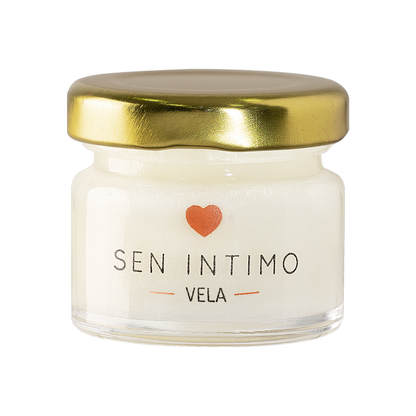 Vela Sensual para Masajes 25ml Sen Íntimo - tarro vidrio tapa dorada caja pirámide rosa presentación completa
