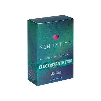 Vibrador Líquido Electrizante Frío 5ml Sen Íntimo - foto lifestyle frasco ámbar caja verde teal ambiente cálido
